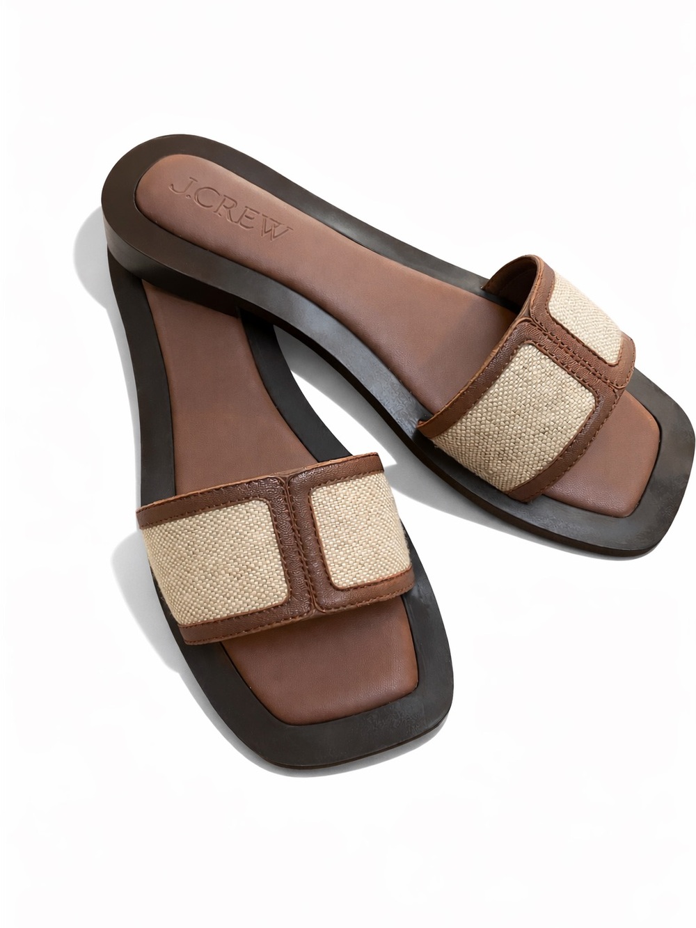 J. Crew Brown Leather & Natural Canvas Slide Sandals